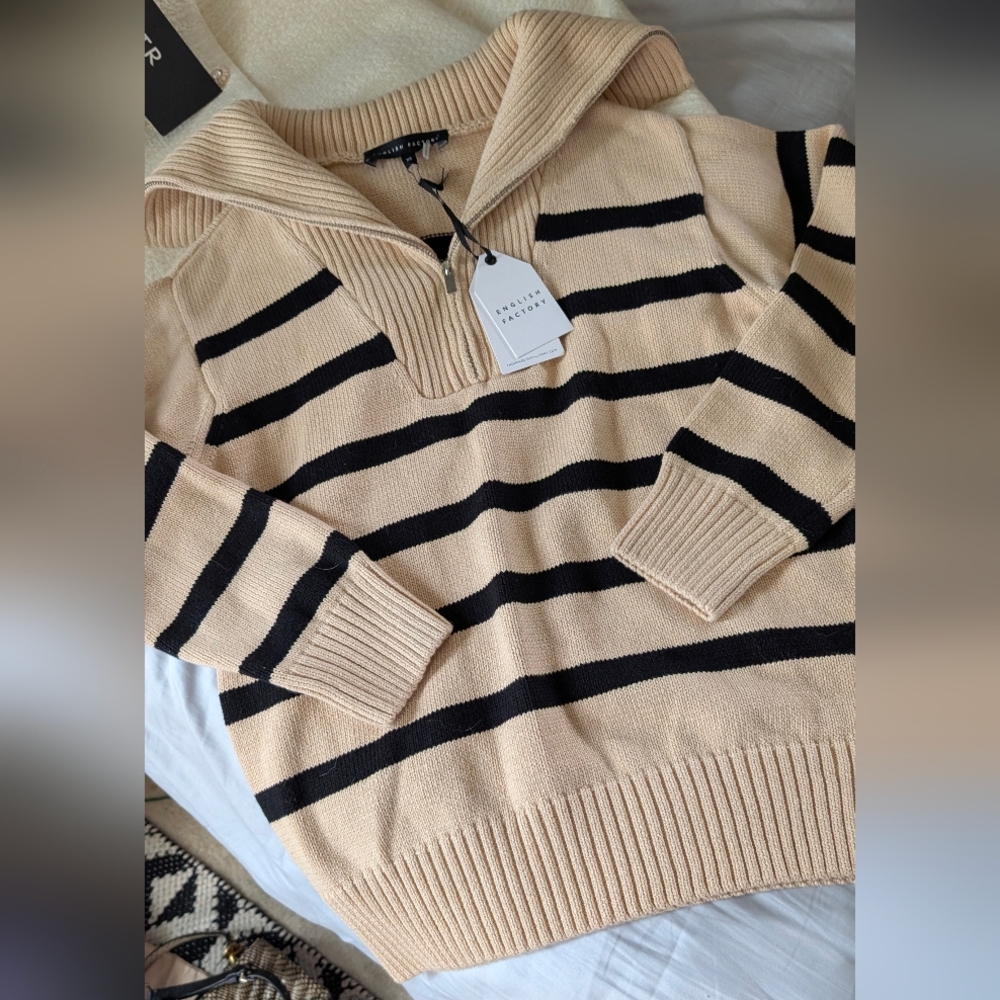 English Factory Beige and Black Striped Half-Zip Pullover